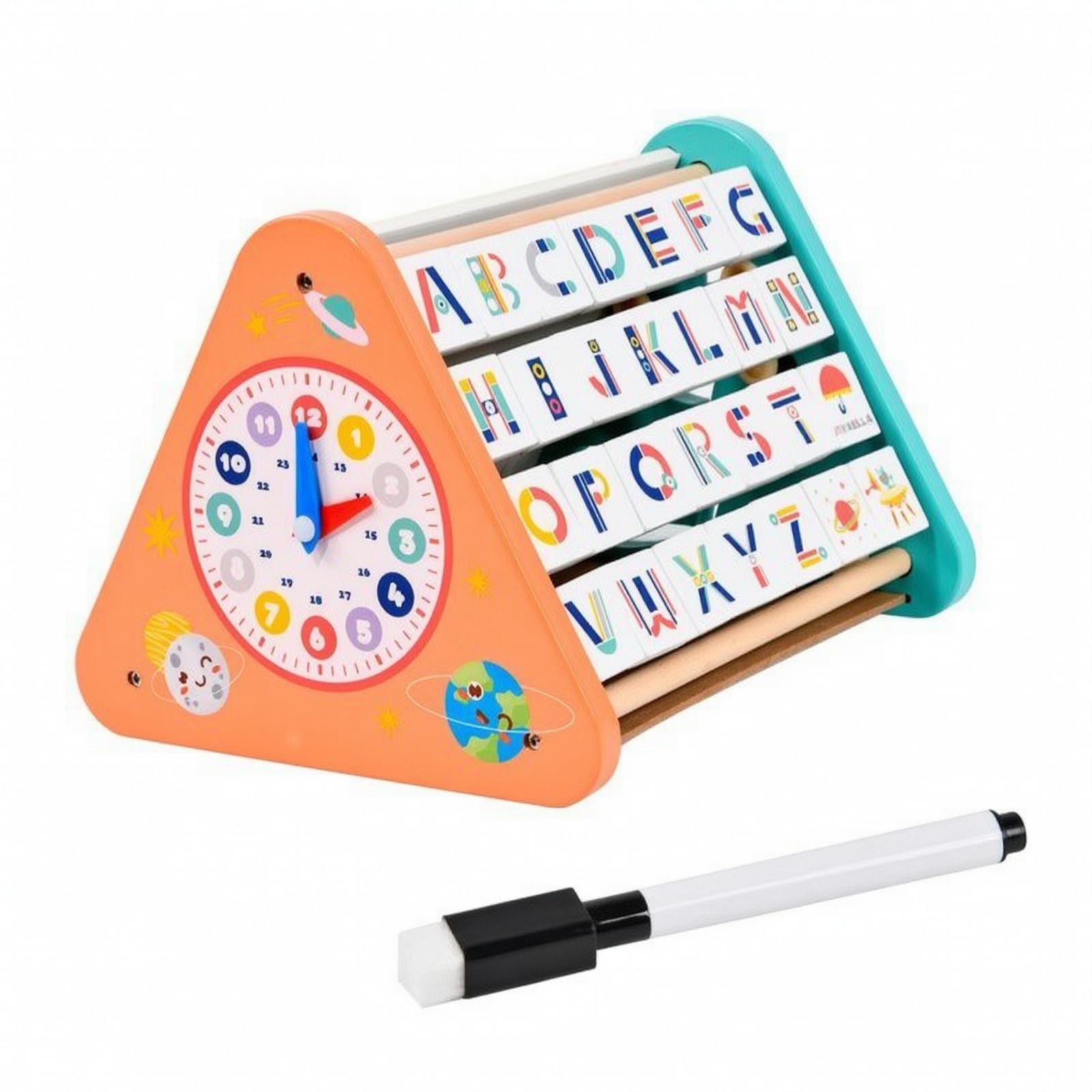 Lernuhr Kinder Lernbrett Uhr Spielbrett Lernboard Holztafel mit Drehzeigern Letter Tiles Und Stiftablage aus Holz für Zahlenverständnis Buchstaben für Kinderzimmer Größe24cm