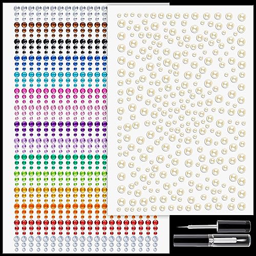 1225 Pcs Rhinestone and Pearl Stickers 3-6mm Beige Pearls+Colorful Self Adhesive Face Gems, Stick on Body Crystal Jewels with Makeup Glue for Face Eye Hair Nails Make up and Craft Decorations
