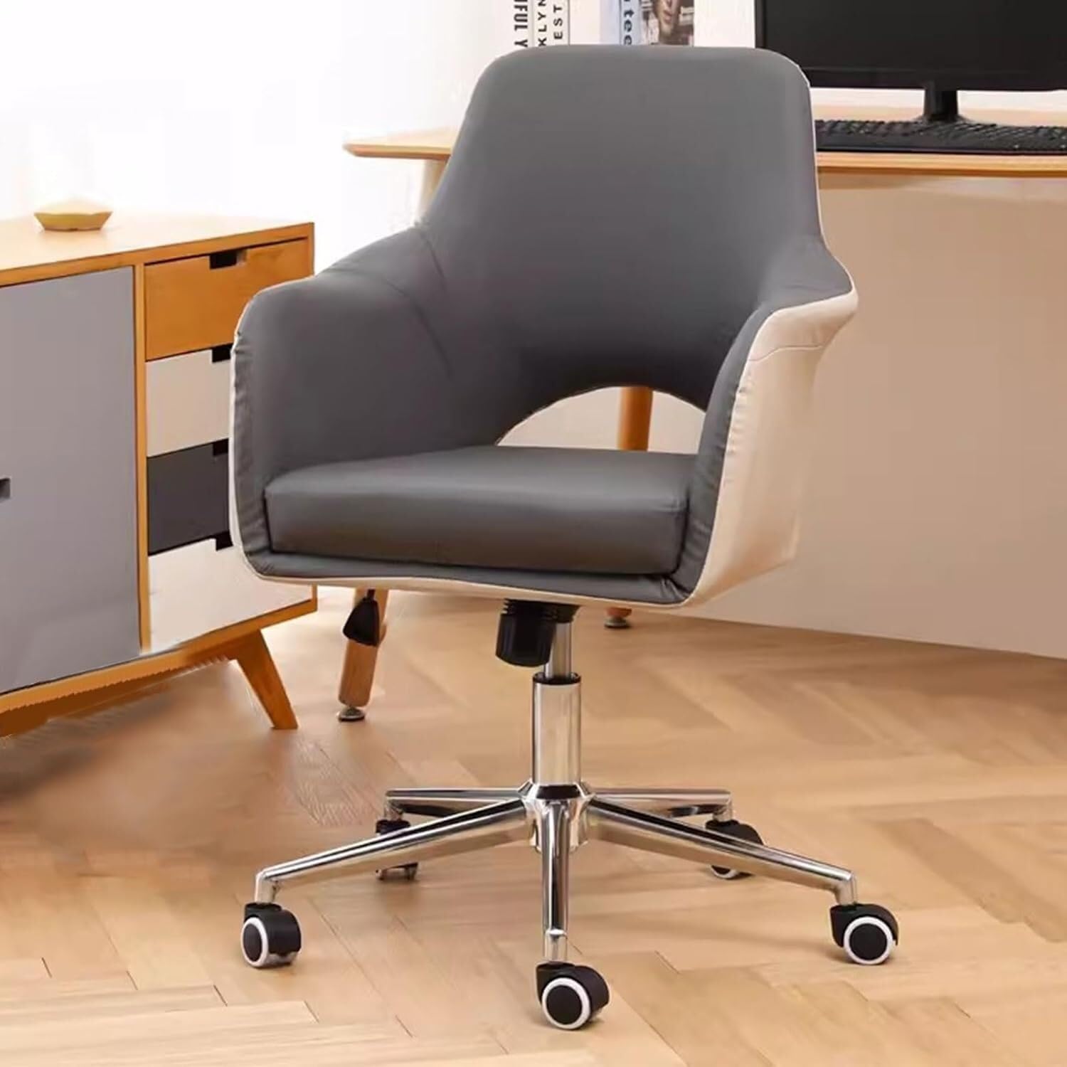 METTEOR Office Chair for Home & Study PU Leather Swivel Task Chair with Armrests Adjustable Cuter Chair for t & Support (Grey/B Size)