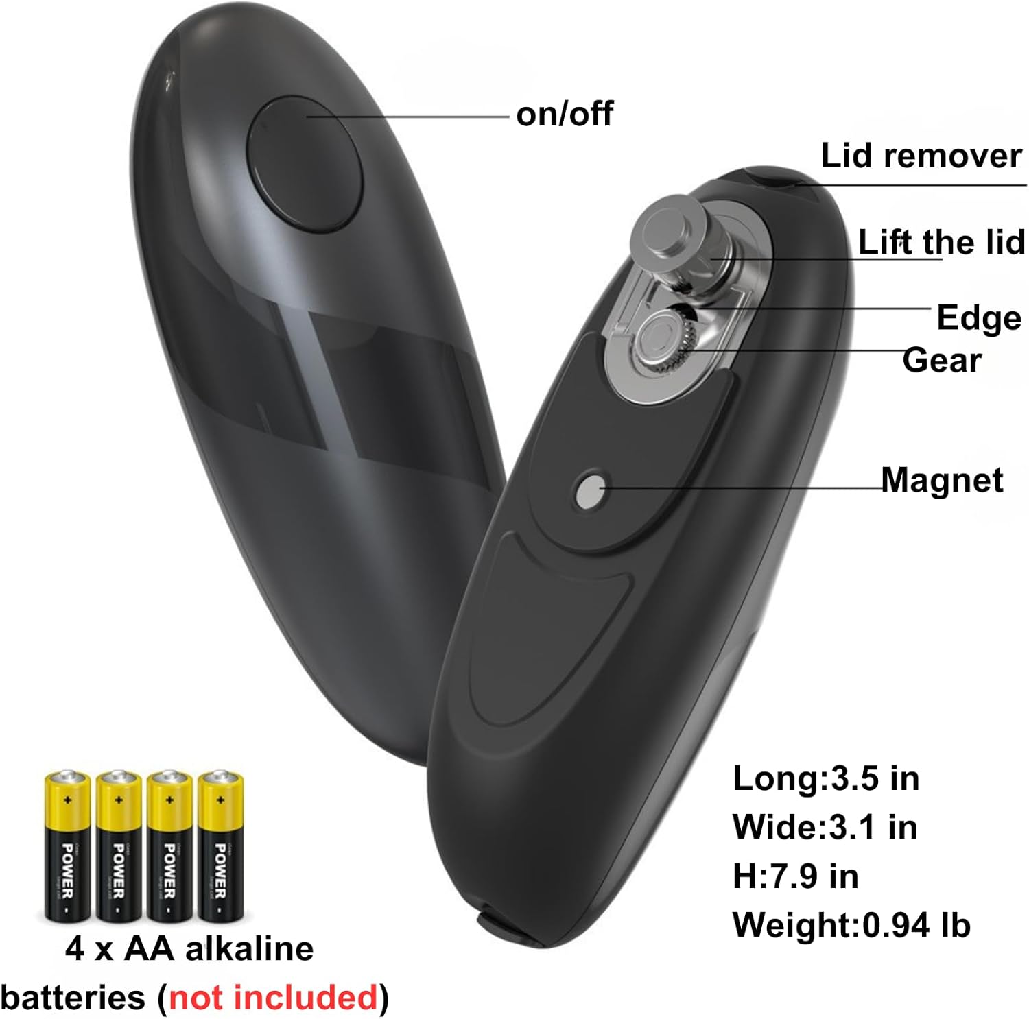 one-touch electric can opener fits most can sizes – handheld battery operated automatic can opener with smooth edge – food-safe hands-free kitchen gadget for seniors & arthritis sufferers (black)