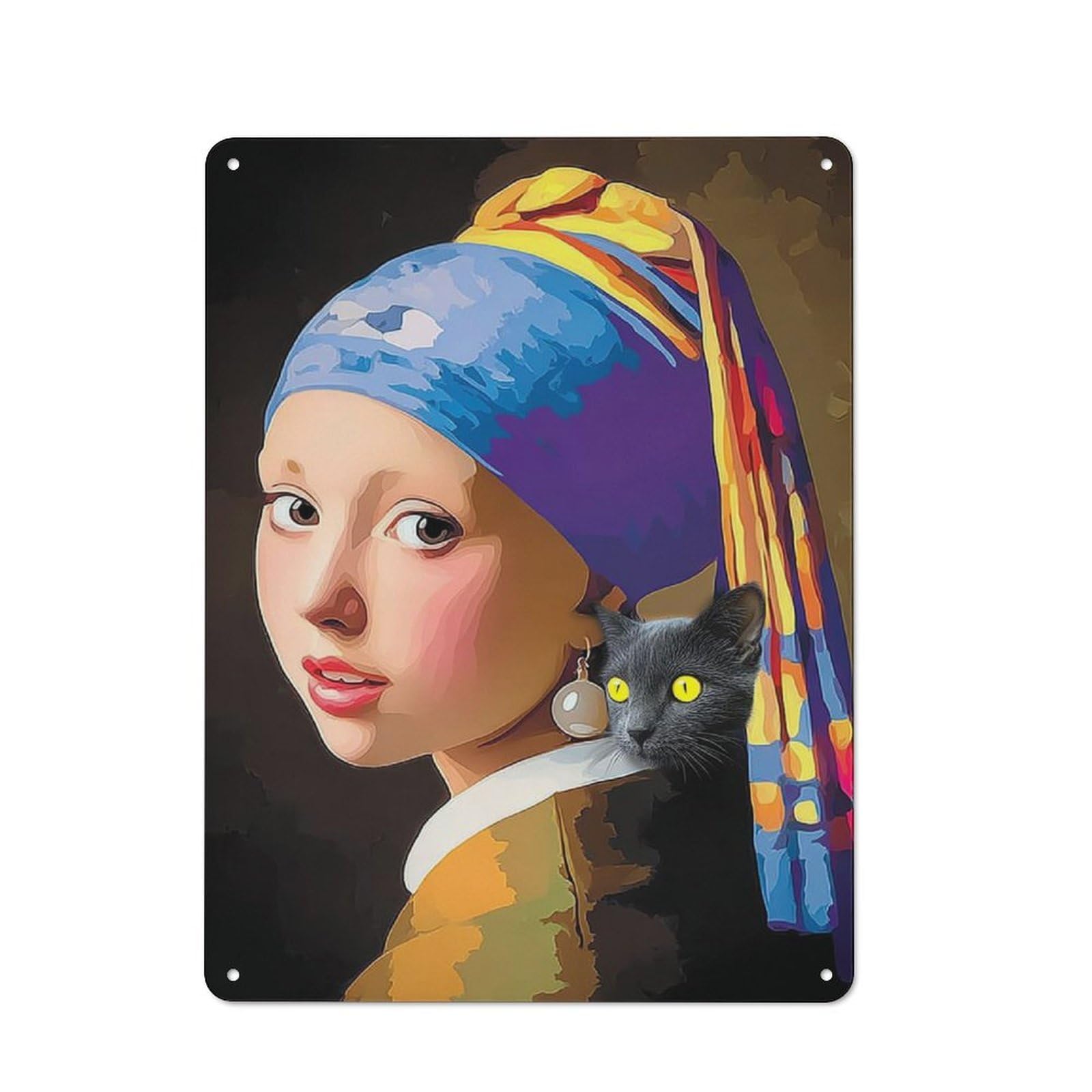 Junmoney Girls With A Pearl Earring Cat For Garden Room Or Summerhouse, Rustic Tin Sign 40X30cm, Wall Decor For Garden Rooms And Summerhouses