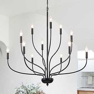 12-Lights Black Farmhouse Chandelier for Dining Room, 34 Inch Large Chan...
