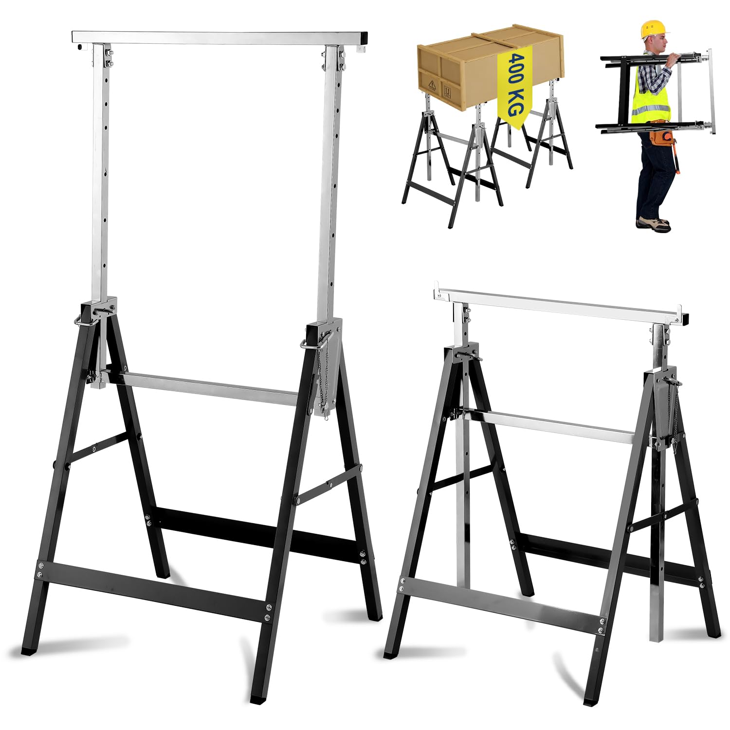 Fiqops Juego de 2 caballetes de trabajo, altura regulable, capacidad de carga de 200 kg, 7 niveles de altura regulable de 80 a 130 cm, caballete plegable estable para uso versátil (negro)