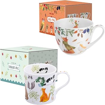 Cute Cats & Autumn Forest Animals Mug Set, 12 oz Cat Plant Ceramic Coffee Mug+20 oz Bone China Fox, Duck Fall Mug, Holiday Gift for Cat and Nature Lovers