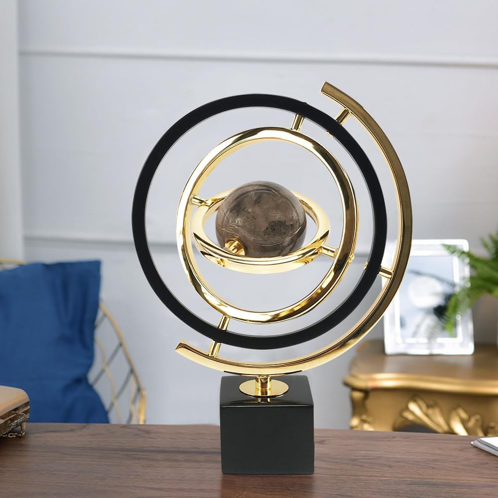 Homary Modern Abstract Art Decoration Metal Globe Ornament Sculpture Decor with Rectangle Stand Black & Gold - Image 7