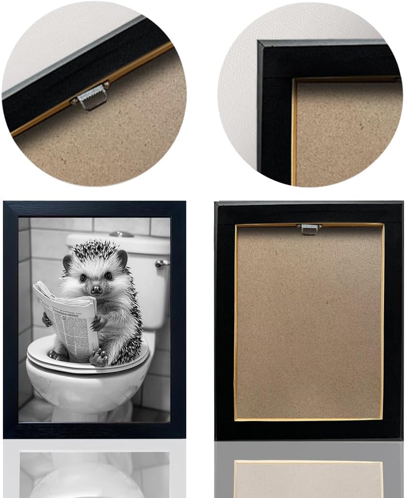 Funny Hedgehog Bathroom Art Framed Black and White Wall Art 3 Pieces Cute Animal Bathroom Picture Wall Decor Toilet Paper Print Painting Kids Room Decoration
