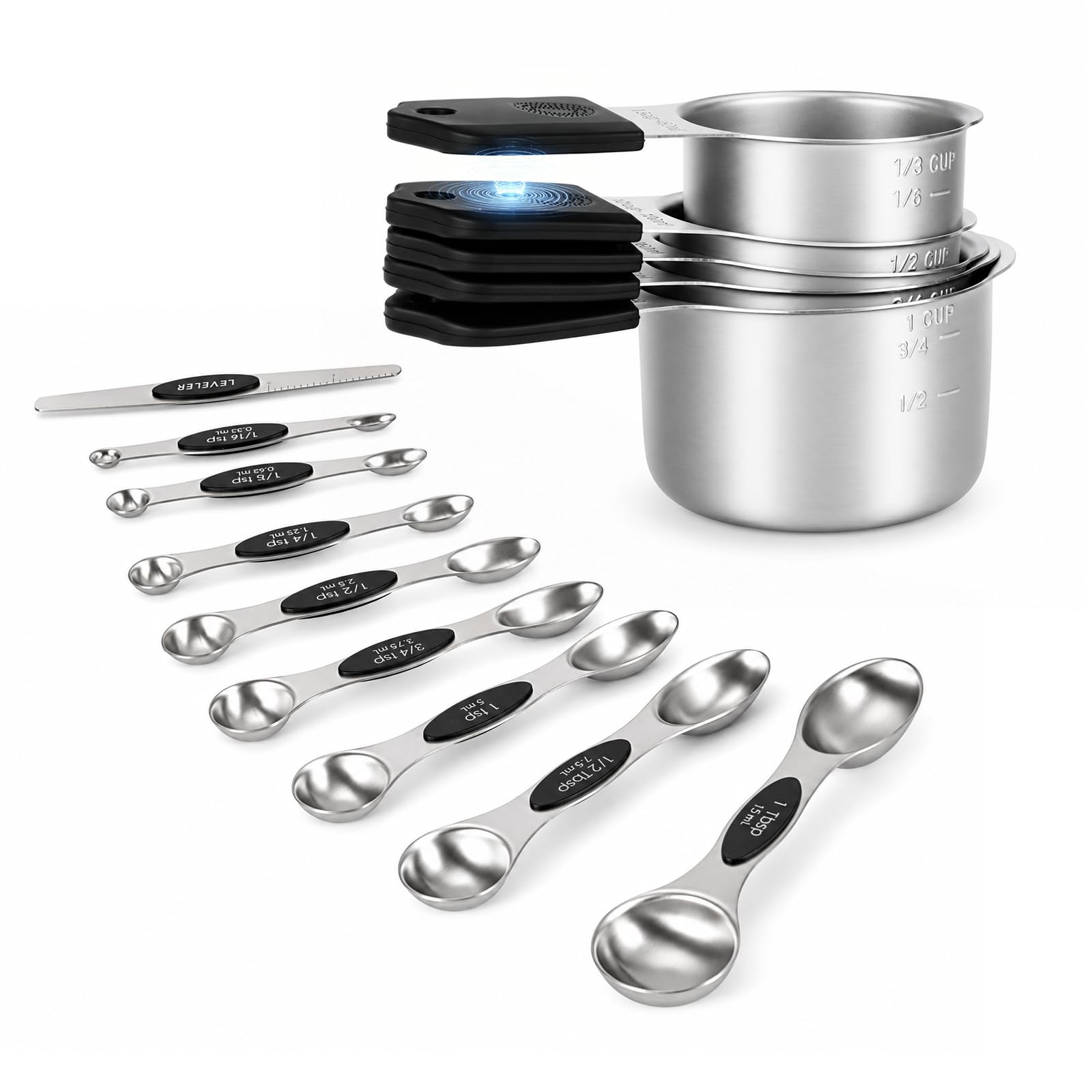GoDyna Magnetic Measuring Cups & Spoons Set, 16-Piece Heavy Duty Stainless Steel Measuring Cups & Double-Sided Spoons with Leveler for Cooking & Baking