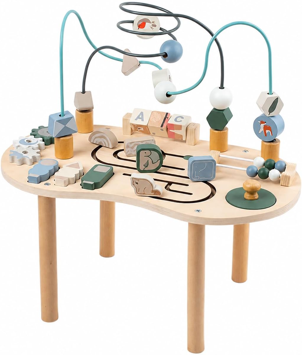 Wooden Activity Table for Toddlers, 7-in-1 Montessori Sensory Play Table, Baby Standing Activity Center with Bead Maze, Shape Sorter & Spinning Gears, Learning Toys for 3 Year Old Boys Girls