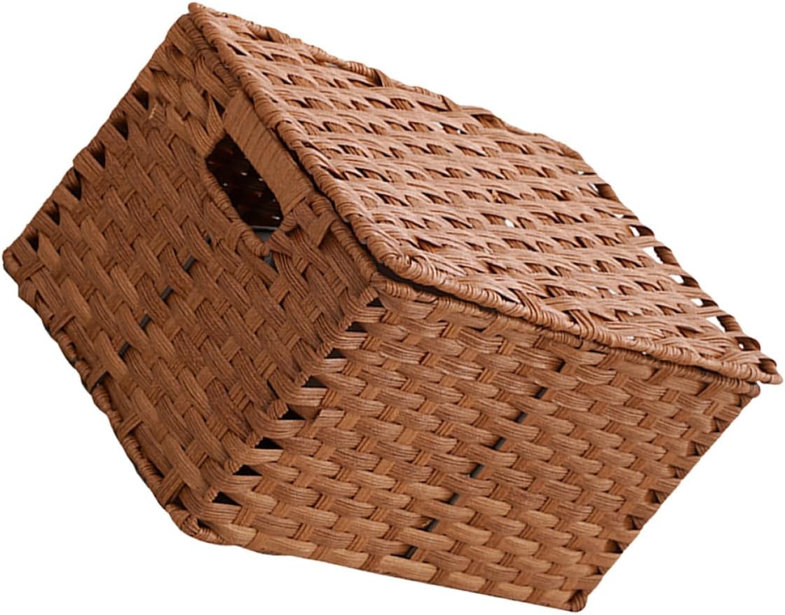 Kichvoe Woven Basket with Lid 35x25x19cm, Imitation Rattan Storage Basket, Snacks, and Household Organization, Brown Desktop Organizer for Home Storage
