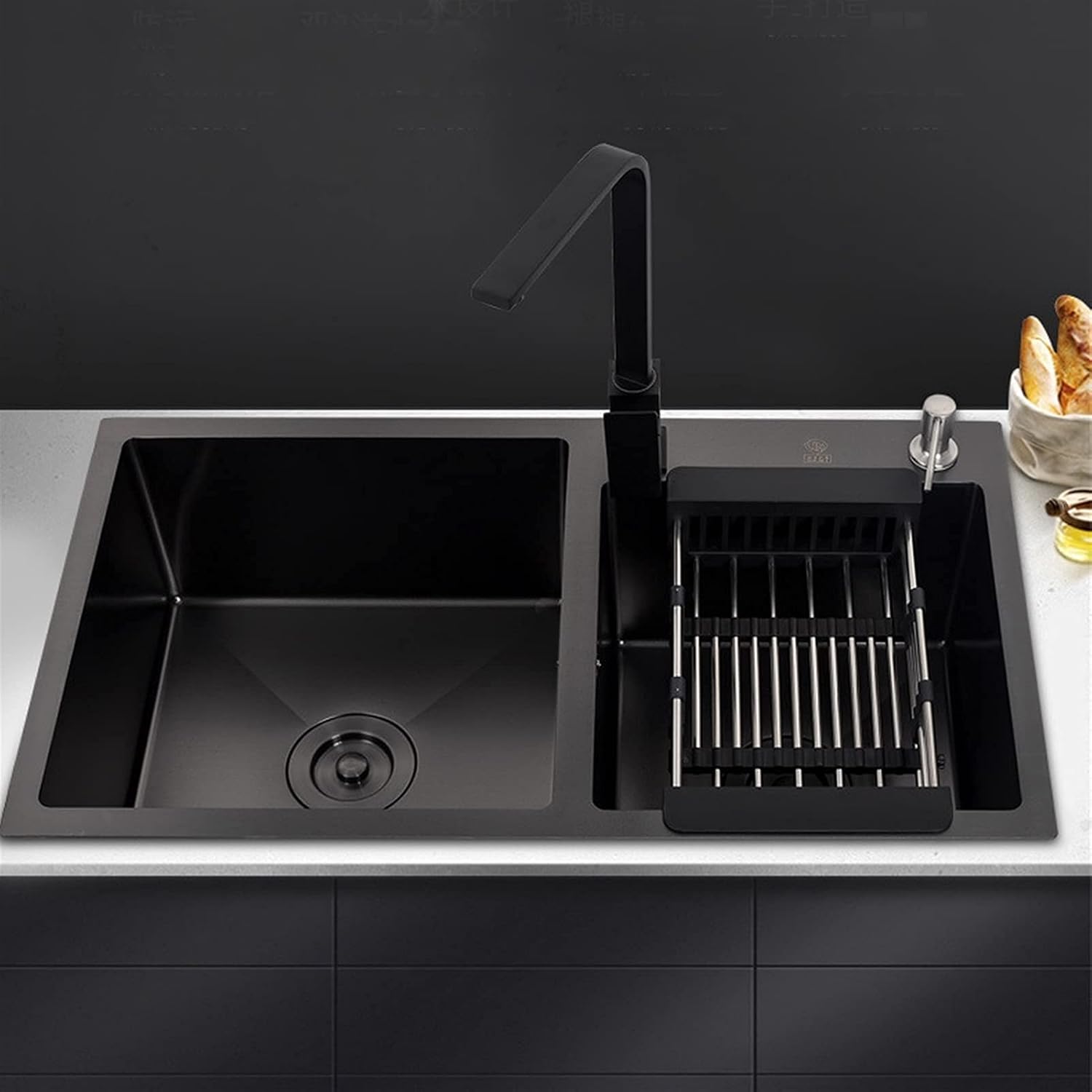 Double Kitchen Sink，3mm Thickness Stainless Steel Workstation Farmhouse Undermount Kitchen Sink with Complete Accessories(Size:7843,Color:Black)