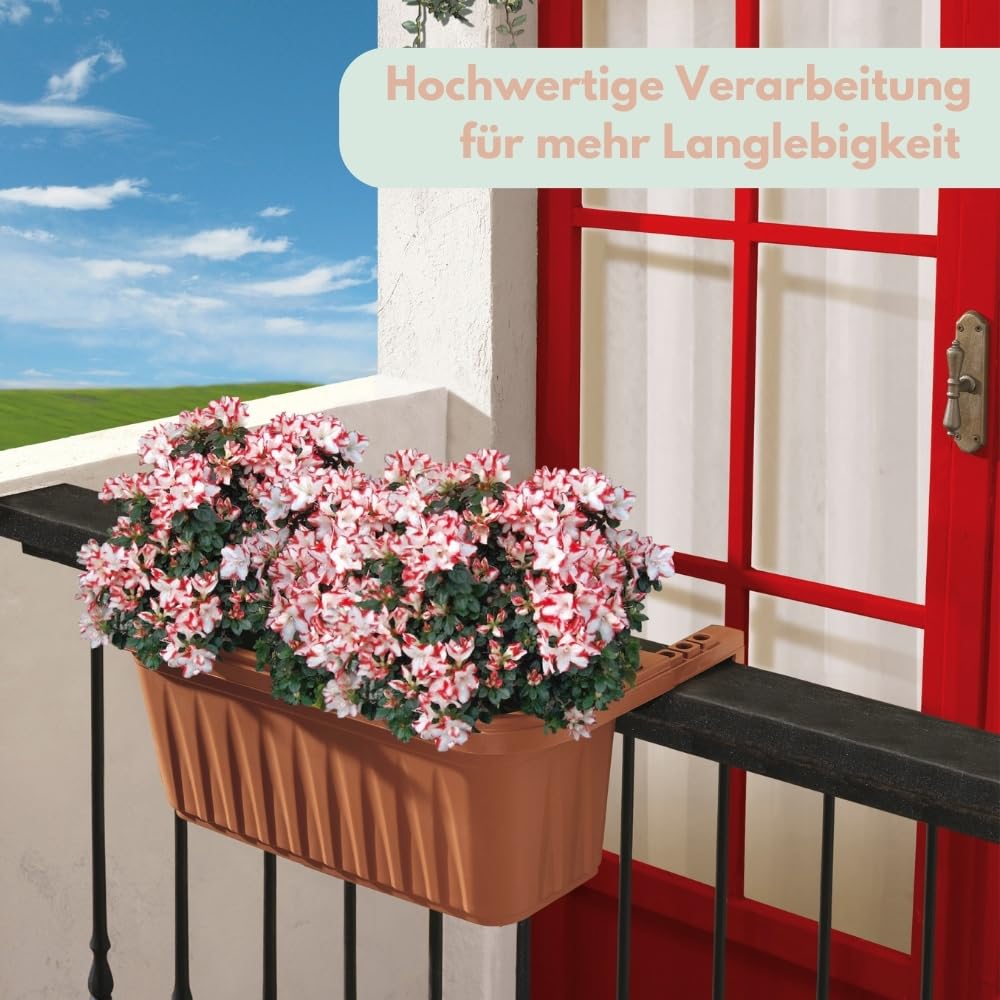 GarPet Blumenkasten Balkon Balkonkasten mit Halterung Pflanzkasten Balkonkasten mit Wasserspeicher Blumenkasten Balkongeländer Geländerkasten ohne Bohren Terracotta 80 cm