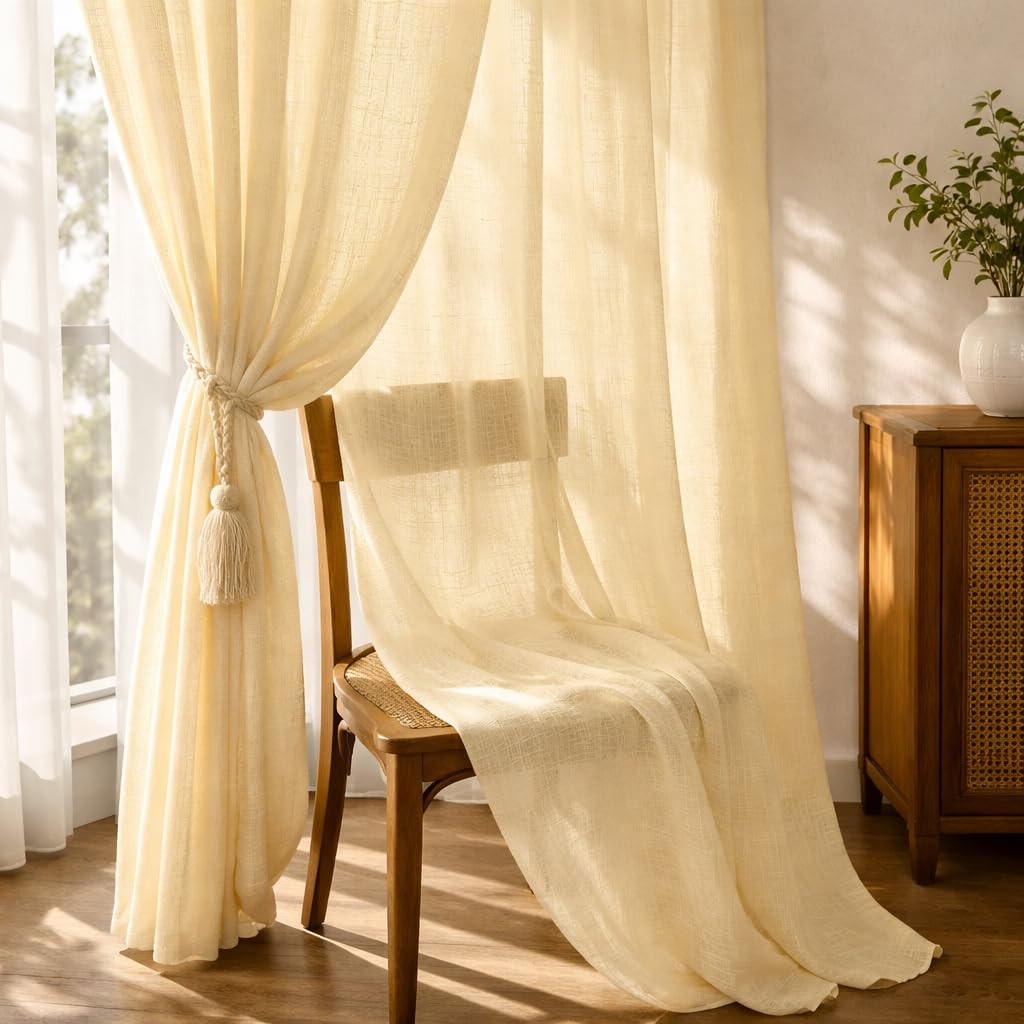 THE LINEN COMPANY Cotton Linen Solid Sheer Rod Pocket Window Curtains, Transparent Net Curtains Light Filtering Privacy Drapes for Window & Kitchen, Butter Cream, 5 Feet, Pack of 2