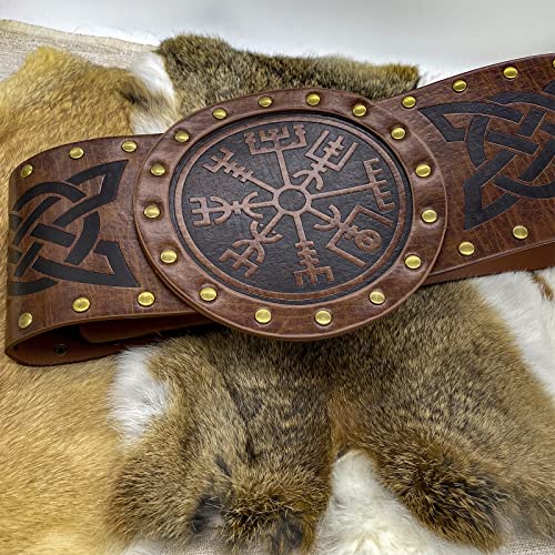 HiiFeuer Viking Embossed Wide Belt, Nordic Faux Leather Armor Belt Knight Corset Belt, LARP Costume (Brown A)4