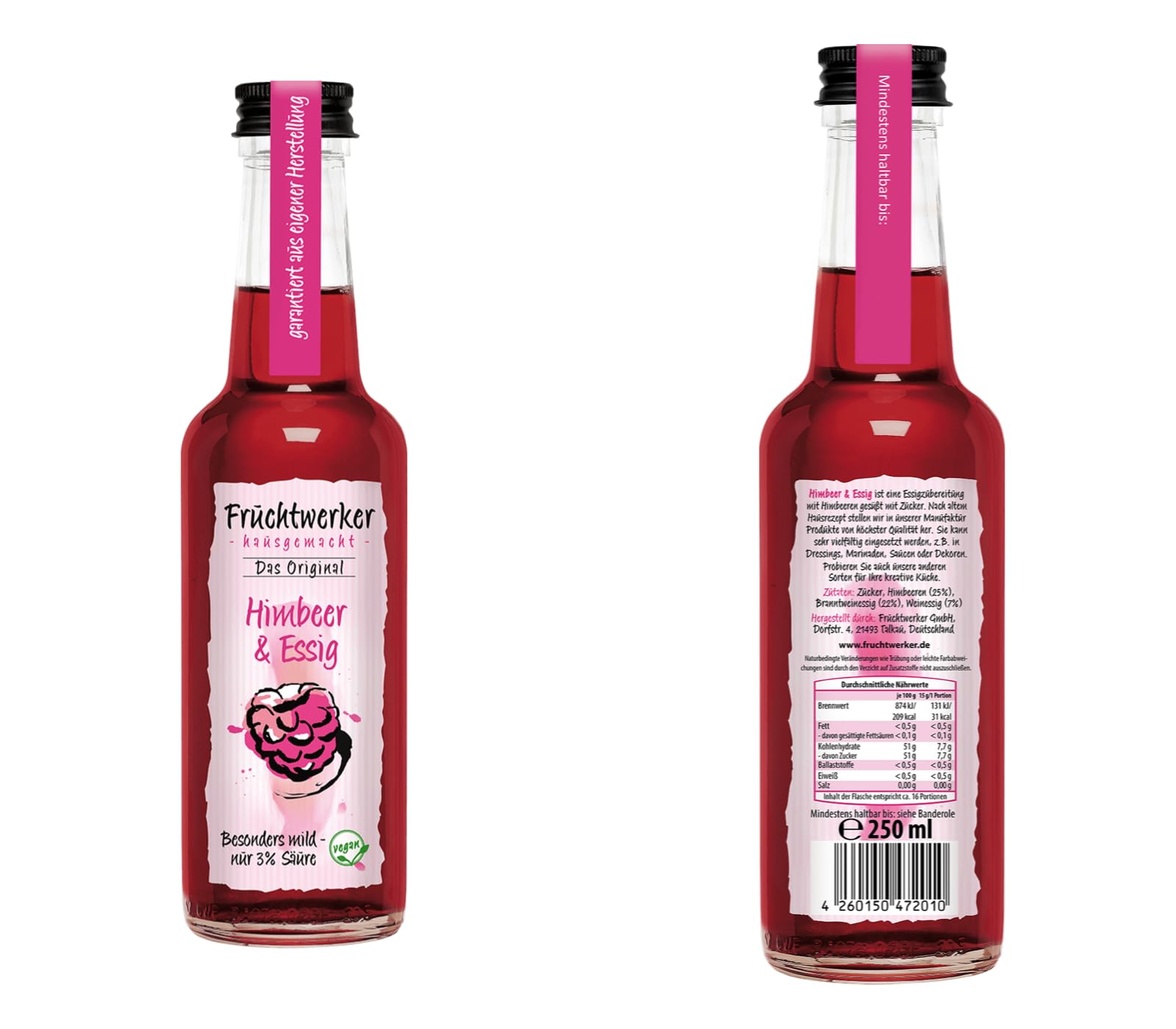 Fruchtwerker Set vinaigre et grenade I Différentes variétés I Fruité I Vinaigre de fruits I Set vinaigre I Pure végétale I Doux I Dans des bouteilles en verre (grenade + framboise + fraise)
