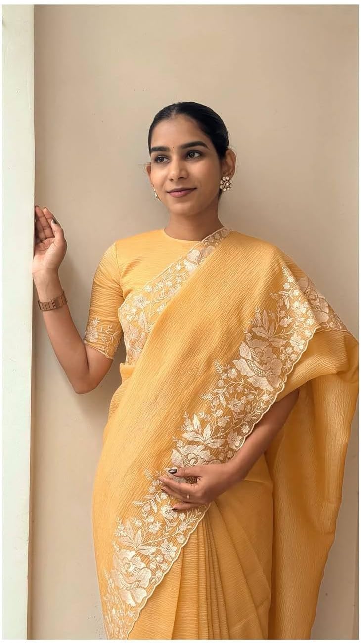 Blue And Yellow Saree with White Floral Embroidered Border, Elegant Traditional Indian Wear