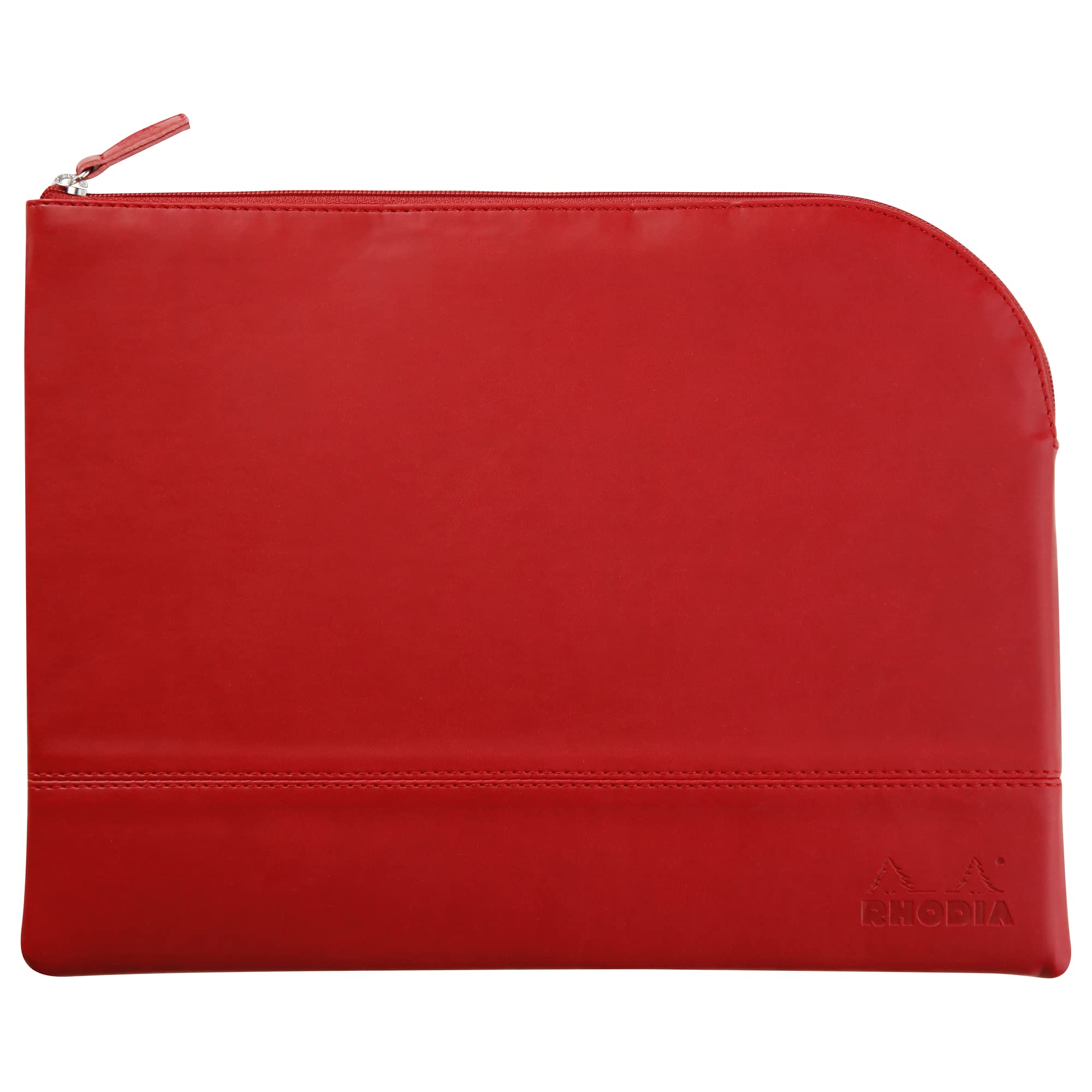 RHODIA 116744C - Pochette Zippée en Simili Cuir - Coquelicot - Taille L (21 x 28 cm) - Coutures Véritables - Intérieur Tissu Orange - Rangement Documents, Petites Fournitures