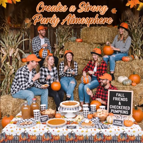 Image of Ganeen 3 Pcs Fall Pumpkin Tablecloth Thanksgiving Orange Pumpkin Maple Leaf Plastic Table Cloth Disposable Buffalo Plaid Table Cover for Fall Autumn Harvest Party Holiday Dining Decor, 108 x 54 Inch