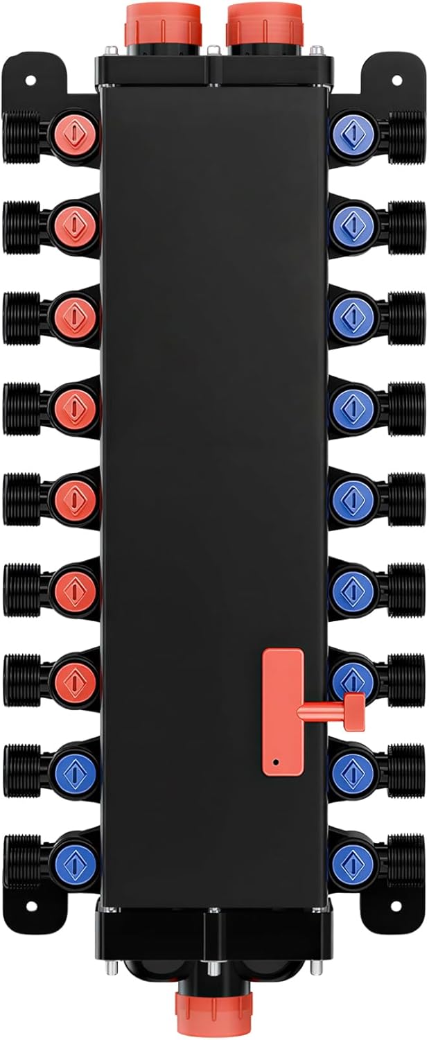 49615 18-Port PEX Manifold Compatible with Viega Manabloc, 10 Cold 8 Hot Full-House Water Distribution, 3/4" Inlet 1/2" Zero Lead Alloy PEX Crimp, Leak-Proof Valves，Suitable for crimping