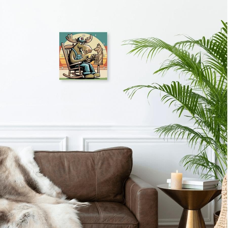 Miniatura 2 de 3dRose, Funny Cute Moose at Mountain Cabin Whittling Wolf Carving Vintage, 10x10 Wall Clock