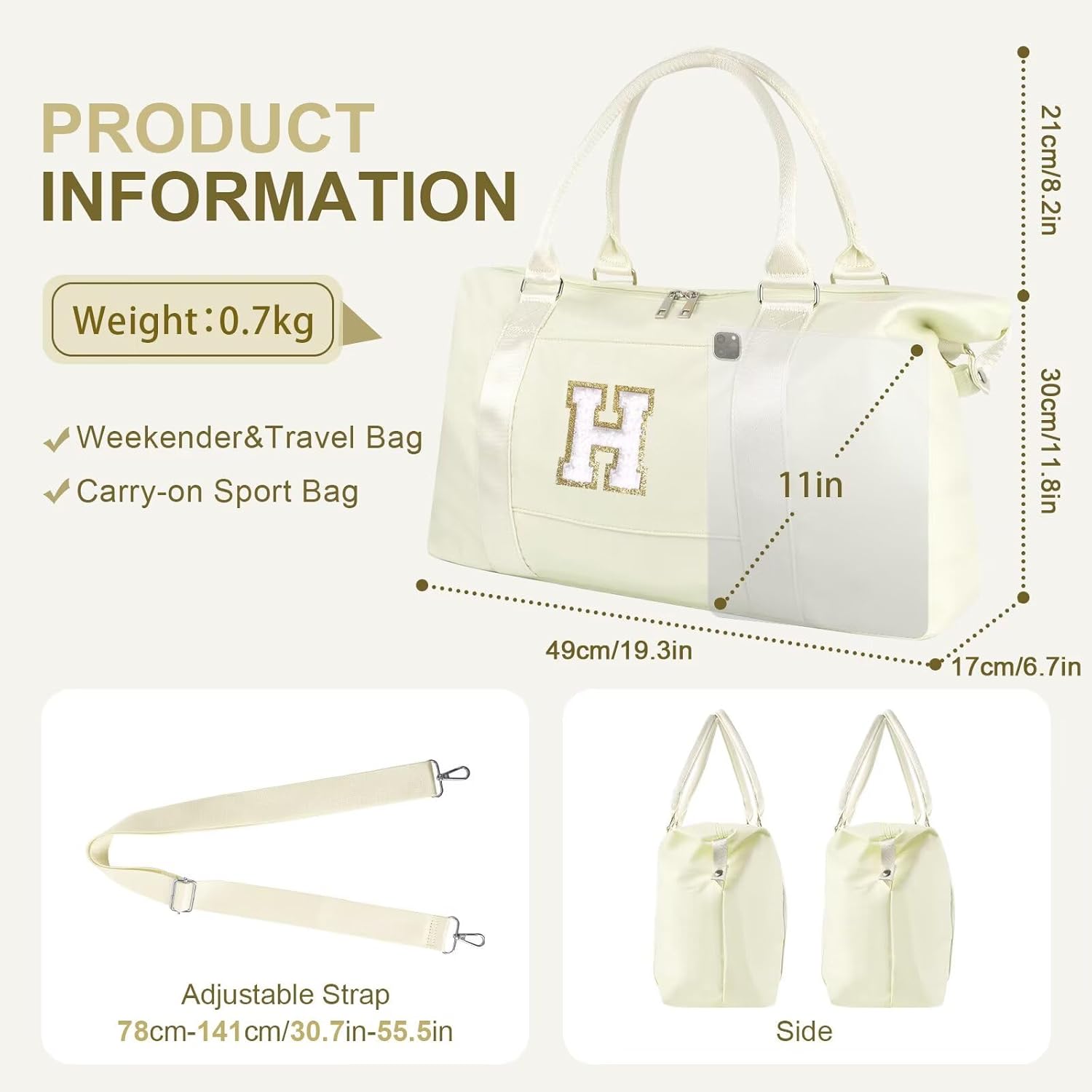 Dance Gym Duffel Bag for Teen Girls, Personalized Initial Travel Weekender Bag,Cute Overnight Carry On Duffle for Women,Sports Travel Cheer Bag,Monogram Christmas Gifts for Tween Preppy(beige-H)
