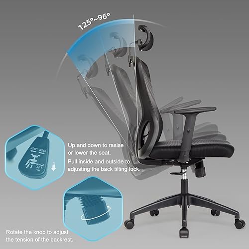 Miniatura 9 de IWMH - Silla de oficina de malla, silla de escritorio ergonómica con reposabrazos y reposacabezas ajustables, cojín de malla, respaldo alto con