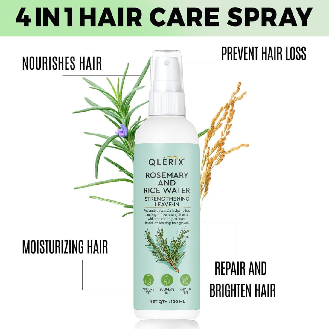 QLERIX Rosemary and Rice Water Spray for Hair Growth, Hairfall Control, Hair Thickness, Hair Strengthening & Hair Shine Leave-in Spray, Natural Ingredients, 100ml, For Men & Women All Hair Types (Pack of 5, Rosemary) 4