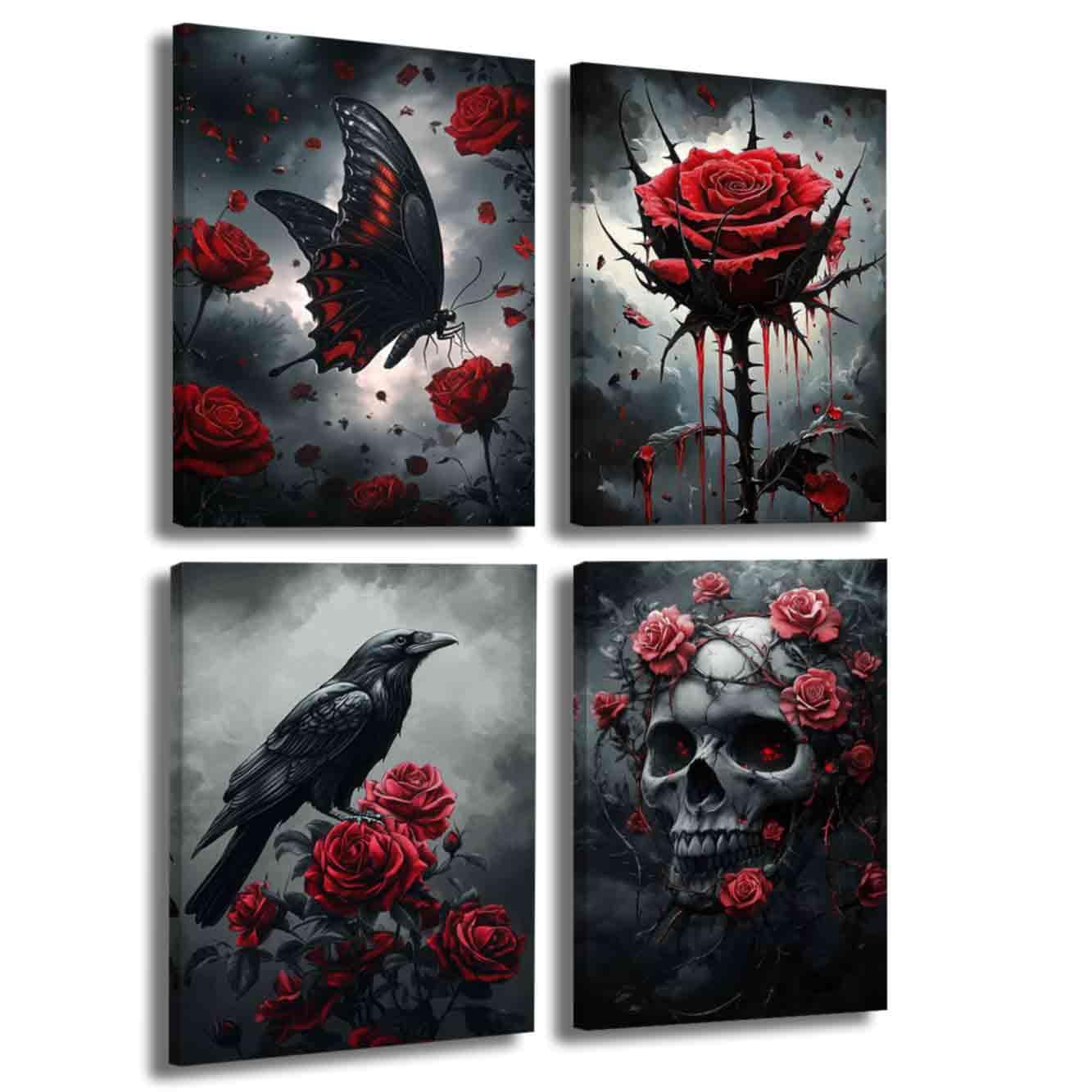 LZIMU 4Pcs Gothic Wall Art Romantic Rose Picture Raven Crow Butterfly Skull Canvas Print Dark Goth Horror Aesthetic Poster Black White Painting Halloween Home Decor (Red, (30x40cmx4 Pieces))
