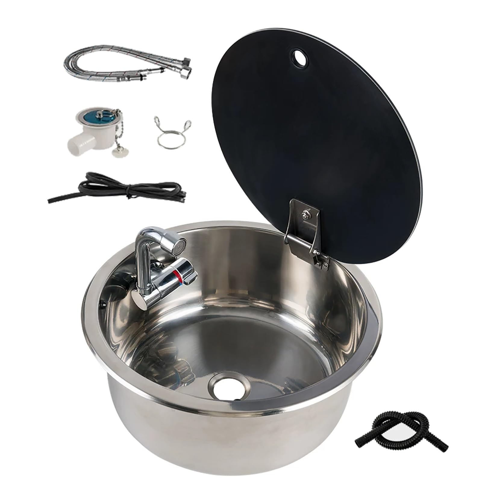 Camper Sink, Stainless Steel RV Sink, Folding Faucet and Tempered Glass Lid, Camper Accessories