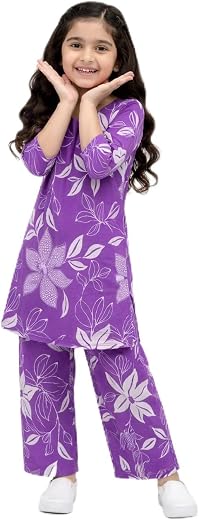 Girls Printed Kurta Set, Pink Polyester, Round Neck, Palazzo Bottom, Knee Length, Casual Wear, Kid's Ethnic Outfit (IN, Ag...