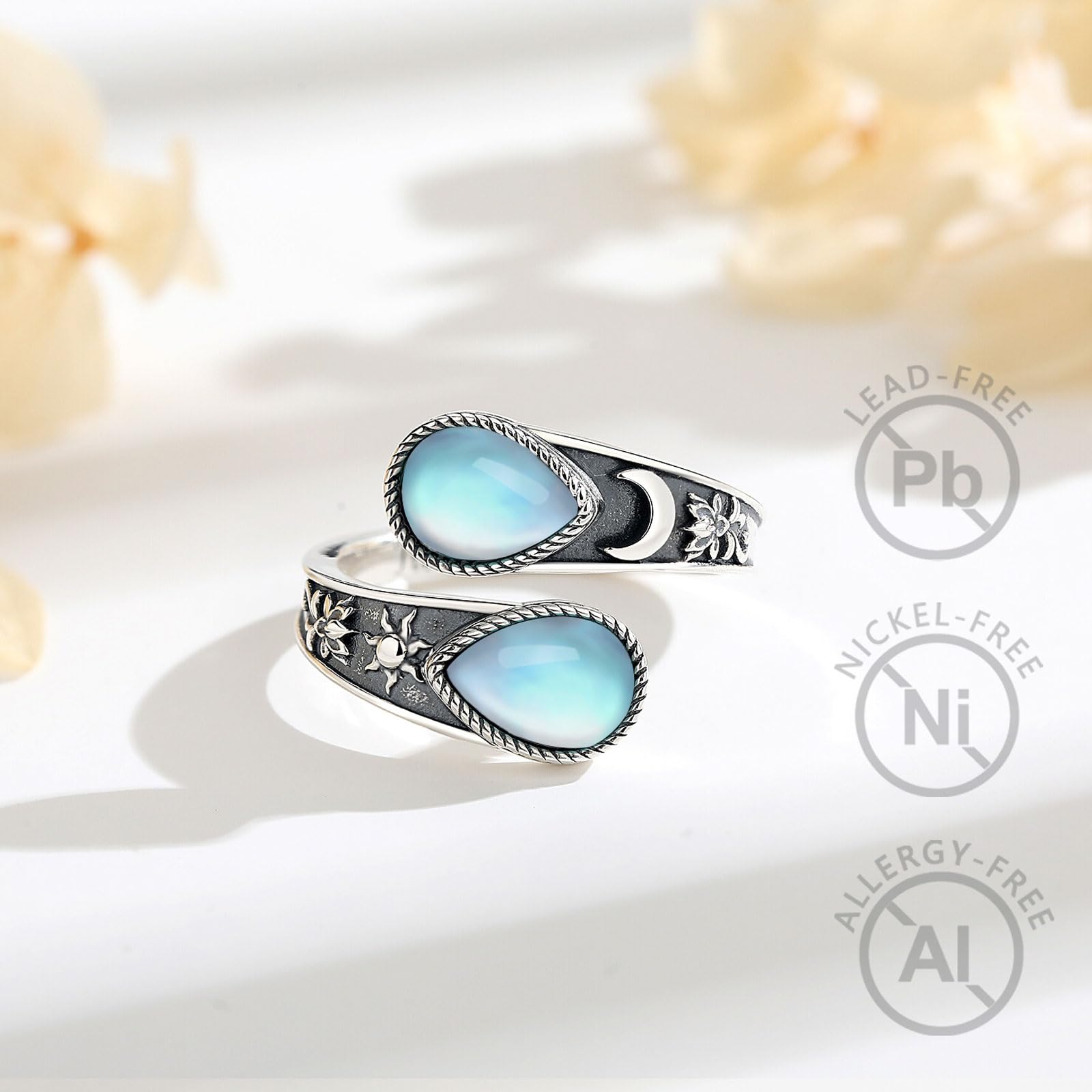 Umarmung Ring für Damen Herren S925 Sterling Silber, Verstellbarer Versprechen/Sonnenblume/Lotus/Lebensbaum Ring mit Mondstein Türkis Offener Ringe Geschenks für Frauen Herren