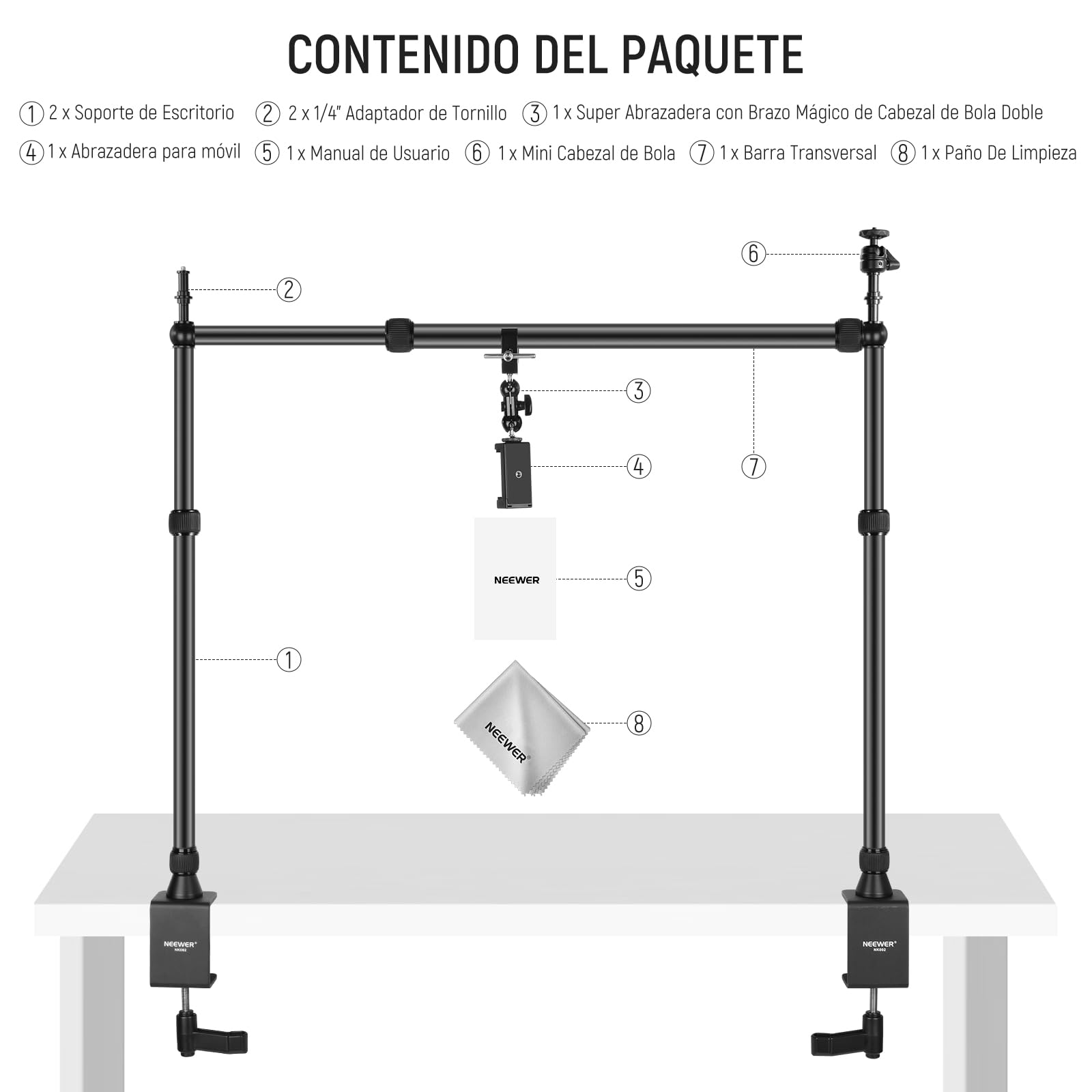 NEEWER NK002 Overhead Camera Mount Rig Platform con Soporte Teléfono/2 Cabezas/Brazos/Super Clamp/Paño para Mic Webcam, Soporte Escritorio Múlti Dispositivo con Ancho Altura Ajustable,Carga 26lb/12kg