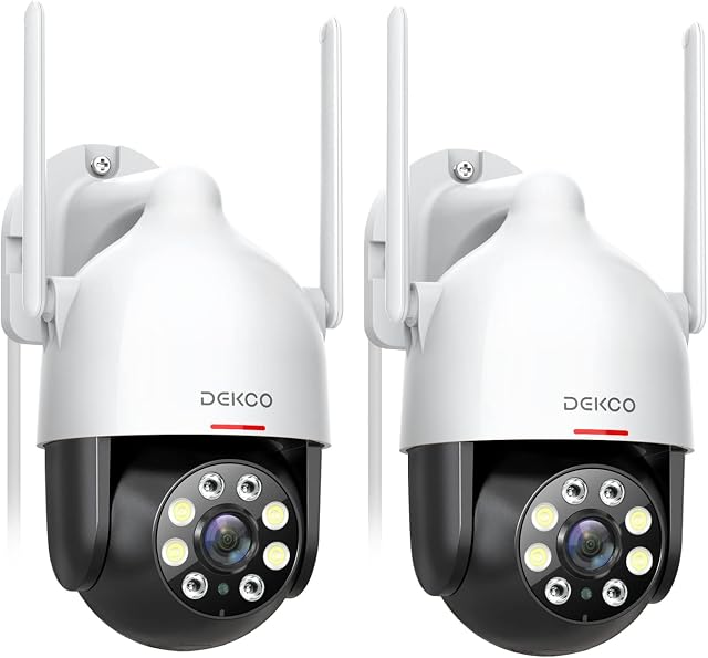 DEKCO 2K Security Camera Outdoor, CCTV Camera with Auto Tracking, Sound-Light Alarm, WiFi Home Security Camera Support Pan-Tilt 360° View, 2-Way Audio, Color Night Vision, Waterproof