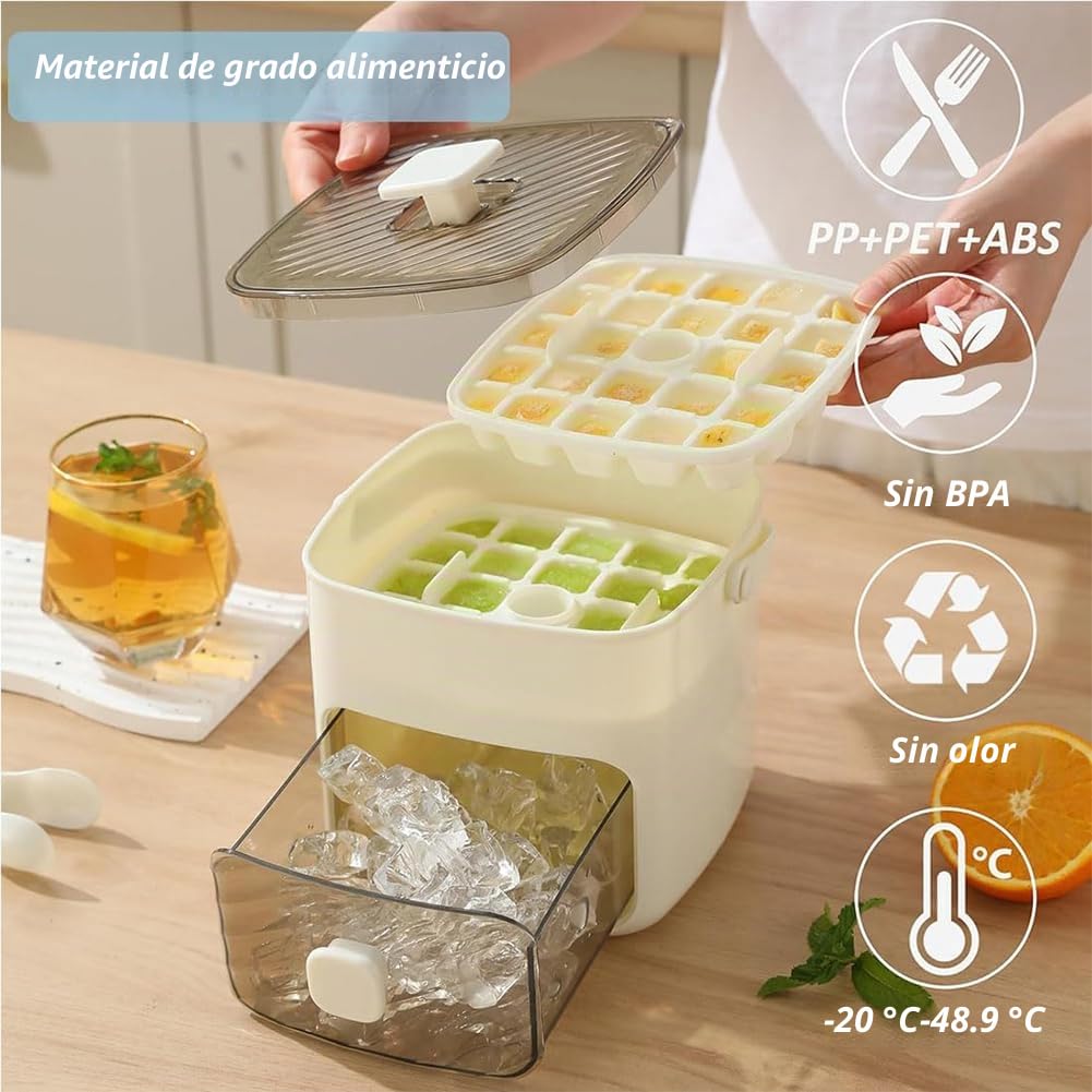 Máquina de Cubitos 48 Rejillas con Tapa de Prensa, Bandeja Hielo Doble Capa para Congelador, Molde Silicona de Liberación Rápida y Caja Almacenaje con Pala para Whisky o Cóctel (A+Insulated Bag)