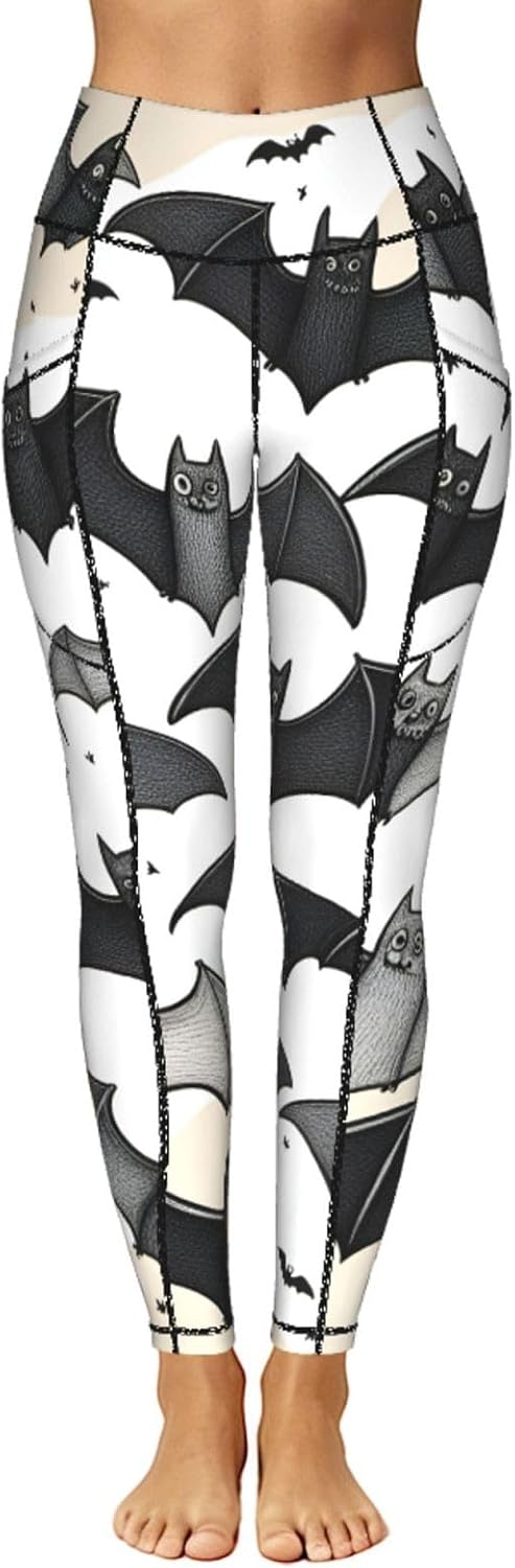 Halloween Flying Bats Print Leggings with Pockets,High Waist Tummy Control Pants, Workout Sets for Women