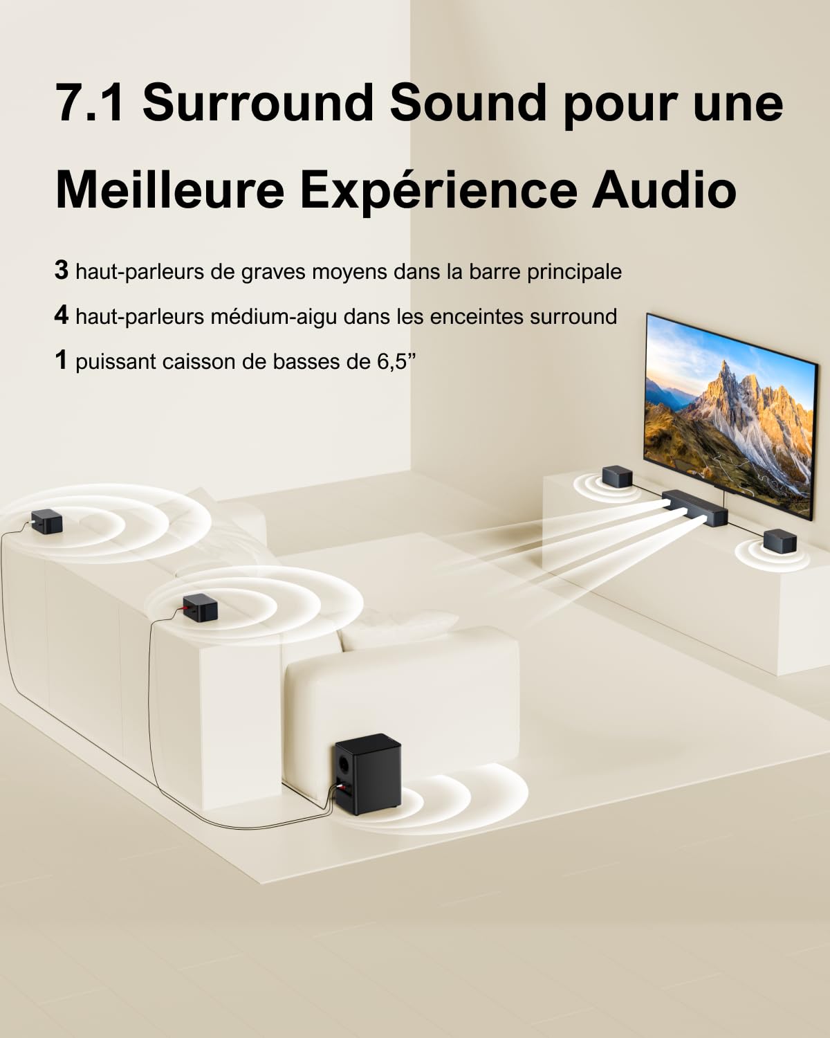 ULTIMEA Barre de Son 7.1ch, Système de Son Surround Virtuel pour TV, Contrôle par App, 4 Haut-parleurs Surround Filaires, Soundbar TV avec Caisson de Basses sans Fil, Home Cinéma, Poseidon D70