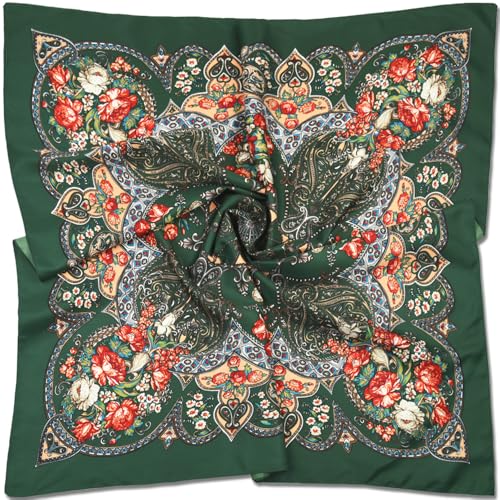 corciova XL Oversized Satin Scarf - 40x40 Inches Square in Dark Green Paisley Floral Print - Women's Fashion Scarf for Hair Wrap, Headband, Shirt Accessory & Bandana