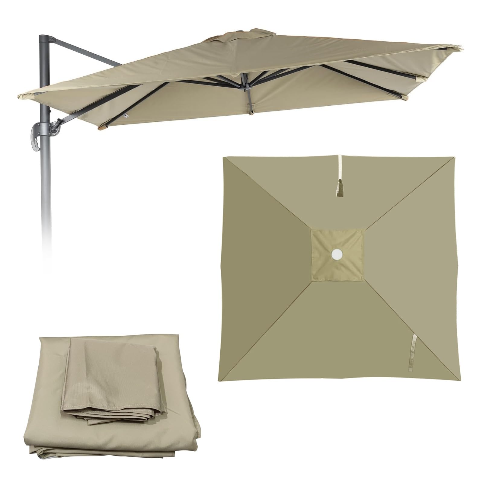 Copertura Di Ricambio Per Ombrellone Da Giardino, Telo Di Rechange Per Parasole A Sbalzo Quadrato/Rettangolare 3x3 2.5x2.5m 4x3m 8 Stecche, Impermeabile E Resistente Ai Raggi UV(Light khaki,3X3m)