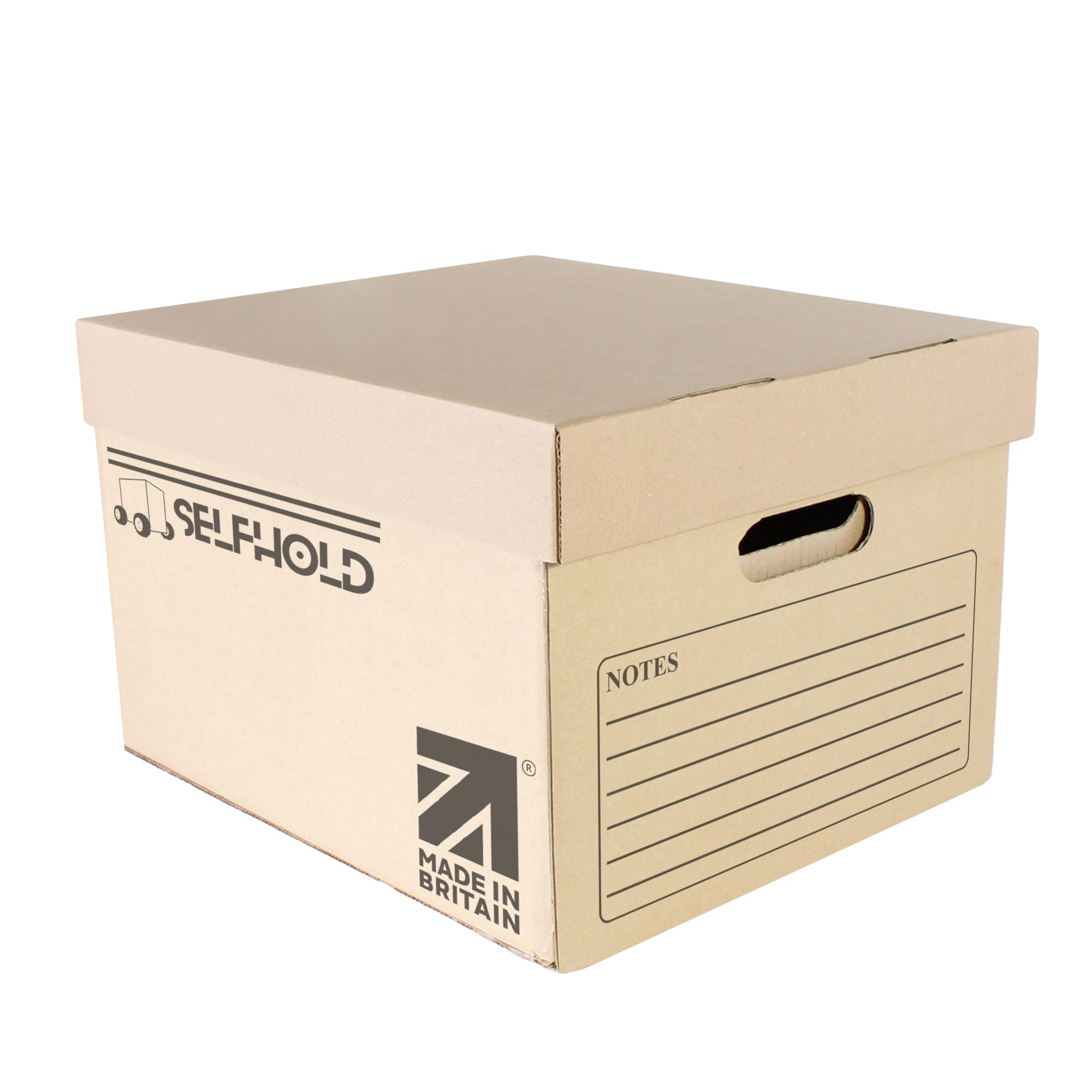 SelfHold Archive Boxes With Lid, Pack of 5 and 10 (39.4cm x 31.0cm x 24.3cm each) - Single Wall Boxes for Moving House with Handles, Good for Home Storage, Office & Moving House (5)