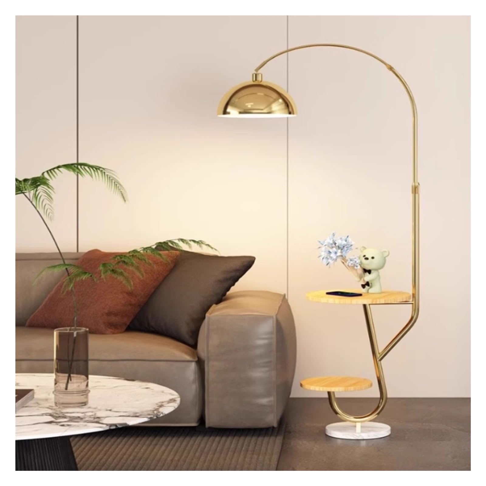 Z4T8M2K6G5 Tall Standing Lamp Floor Lamp with Table, Rustic End with Shelves & 3-Color Temperature LED Bulb, for Living Room, Bedroom(Gold)