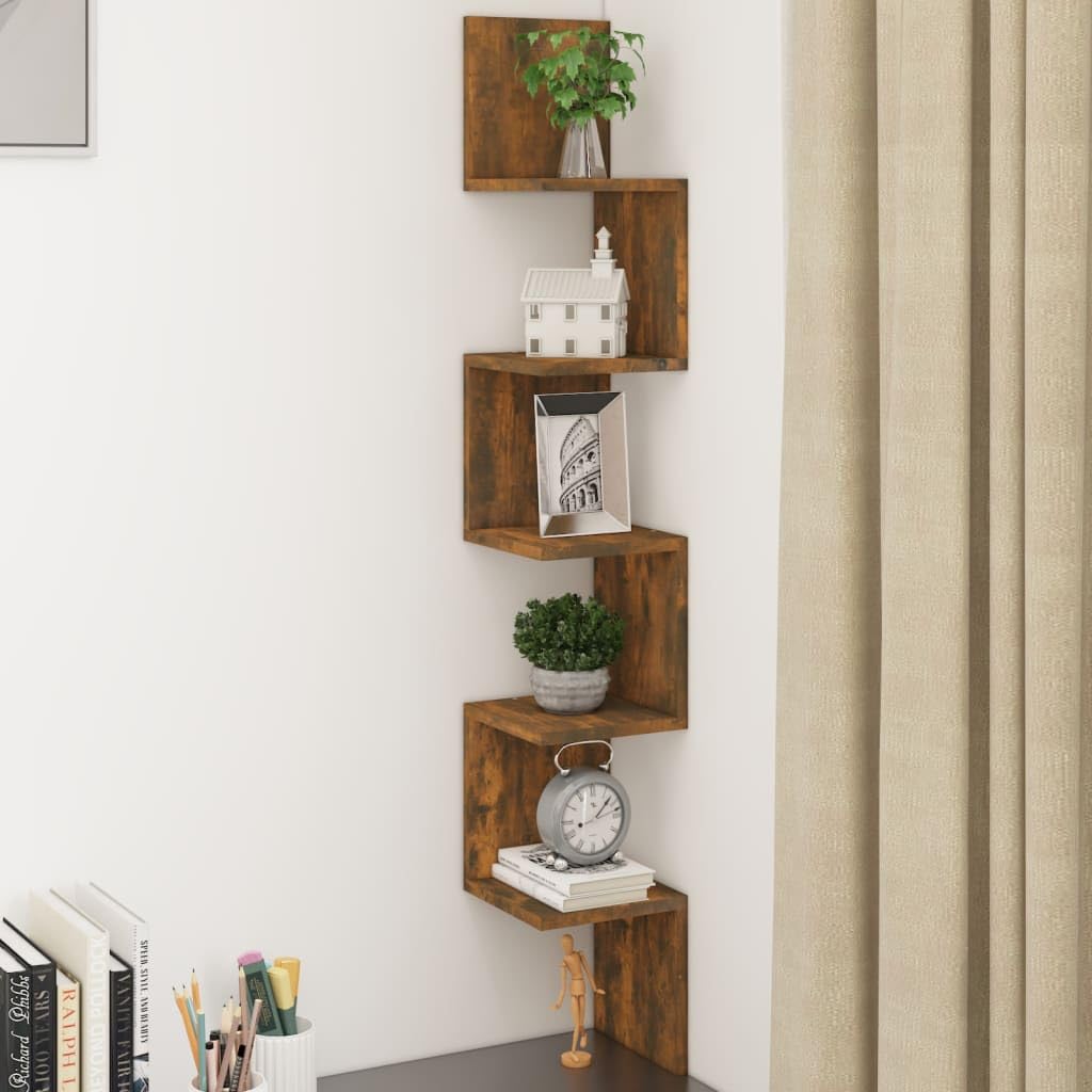vidaXL Wand Eckregal, Wandregal für Schlafzimmer Wohnzimmer, Hängeregal mit viel Stauraum, Wandablage Bücherregal Regal, Räuchereiche Holzwerkstoff