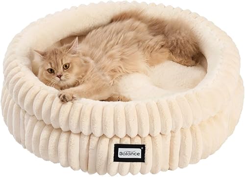 BALANCE Cama para gatos, cama redonda lavable para gatos de interior, cama de felpa súper suave de piel sintética para cachorros y gatitos con parte