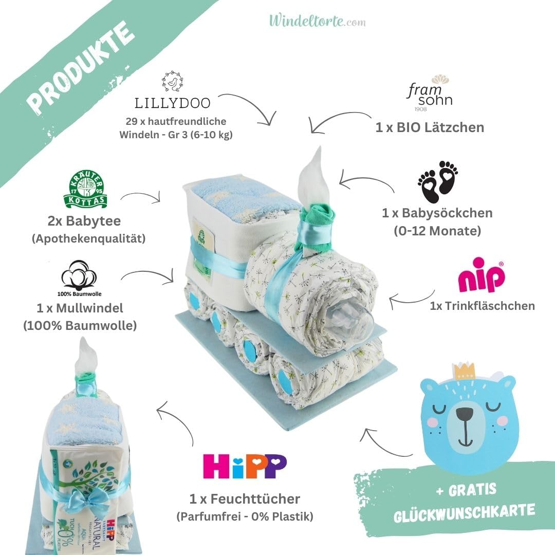 Lillydoo Couches pour garçon Bleu 29 couches Windeltorte fait à la main Cadeau de naissance
