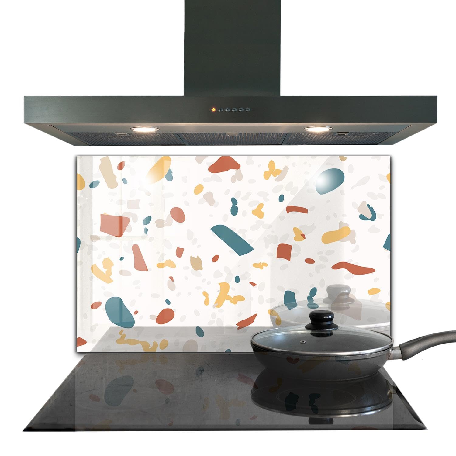Panneau de cuisine 100x70 cm Wallfluent en verre trempé motif terrazzo