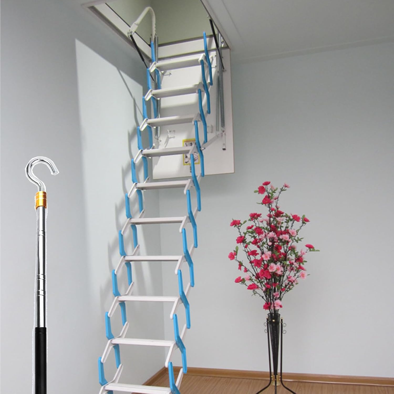 Ladder Pull Down System Kit - Attic Pull System Hook Set Replacement for Cord Ropes with 60 Inch Extension Pole and Copper Storage Hook Handle Parts Tool