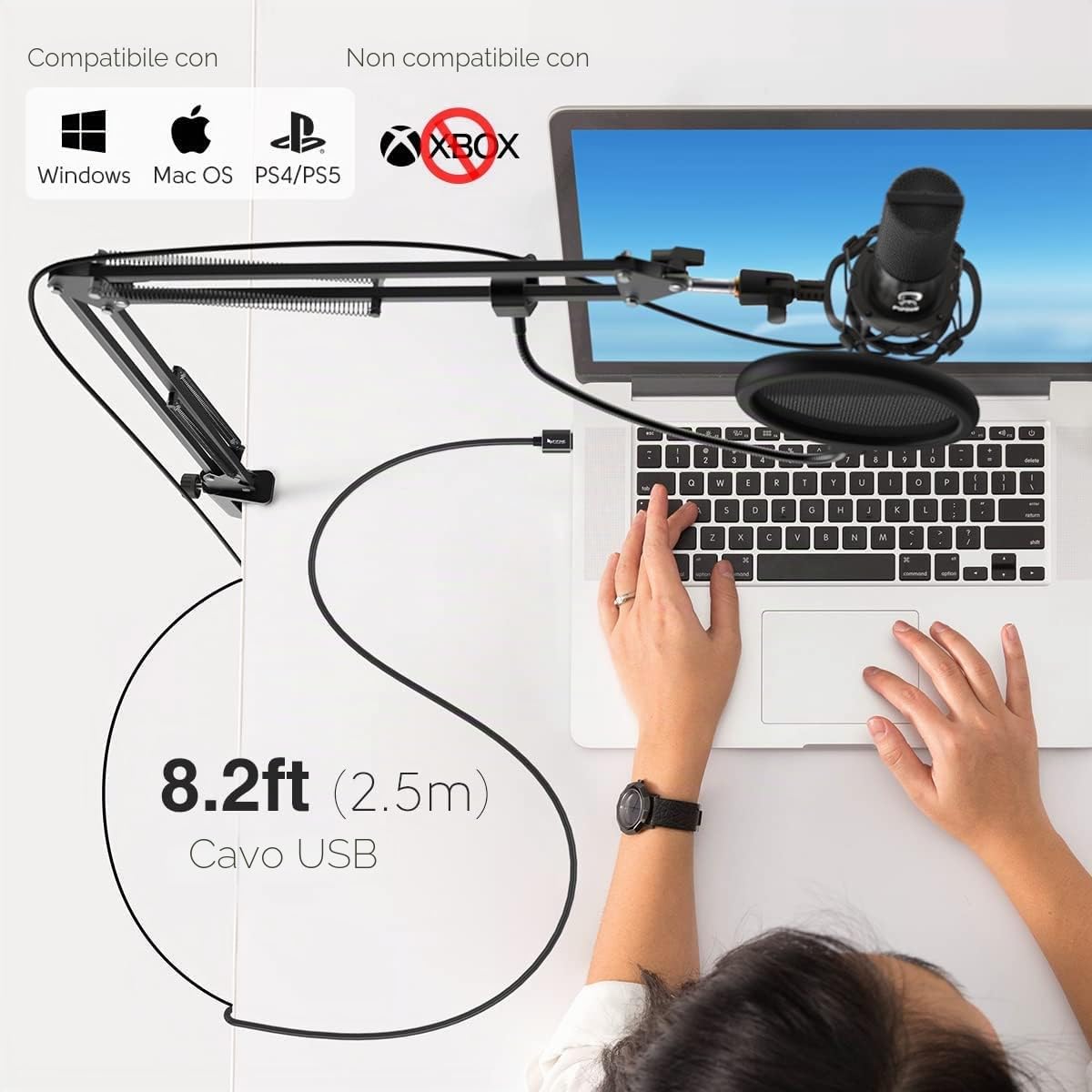 FIFINE Condensatore a Microfono studio kit, USB Microfono Computer con Braccio per Microfoni Regolabile e Filtro Anti-pop per Strumenti Voice Overs Registrazione Podcasting YouTube Gaming