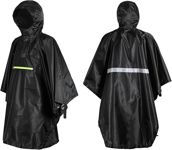 Lightweight Polyester Taffeta Poncho with Reflective Strip and Adjustable Drawstring for Camping and Hiking Outdoor Activities, 116cm x 160cm, Gray, Orange, Black