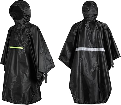 Lightweight Polyester Taffeta Poncho with Reflective Strip and Adjustable Drawstring for Camping and Hiking Outdoor Activities, 116cm x 160cm, Gray, Orange, Black