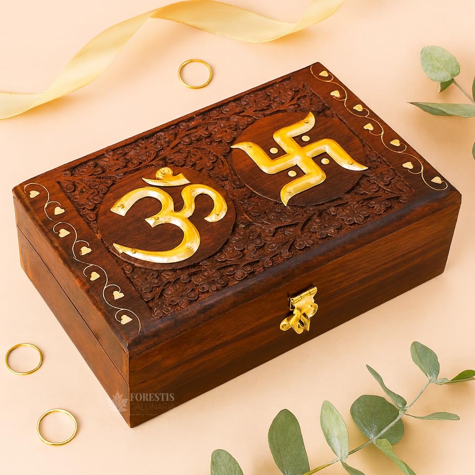Image of Wooden OM Box for Good Luck| Jewellery Box| Decorative Case| Kit| Vanity| Organiser For Women, Necklaces, cash, gold (8X5 Inches, Galaxy)