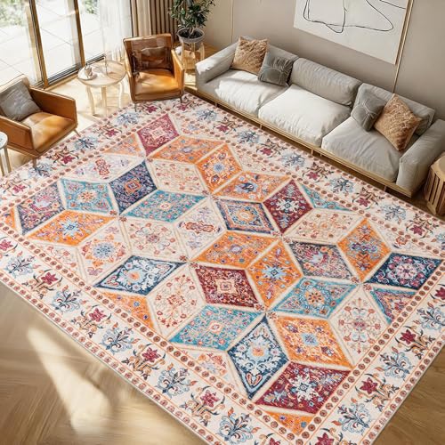Calinline Vintage Teppich Wohnzimmer 200x300 cm, Geometrisch Rauten Muster Kurzflor Teppiche, Schlafzimmer Rutschfester Teppich, Schlafzimmer Carpet für Living Room, Bedroom, Esszimmer, Büro, Bunt