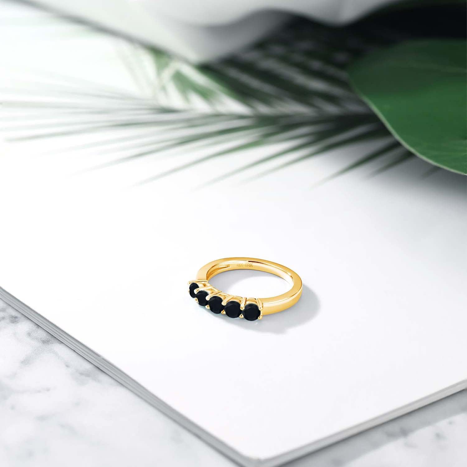 5-Stone Gemstone Birthstone Wedding Band Ring for Women in 18K Yellow Gold Plated Silver | Round 3.5MM | Stackable Engagement Anniversary Promise Ring | Fine Jewelry for Her Mom Wife | Sizes 5-9